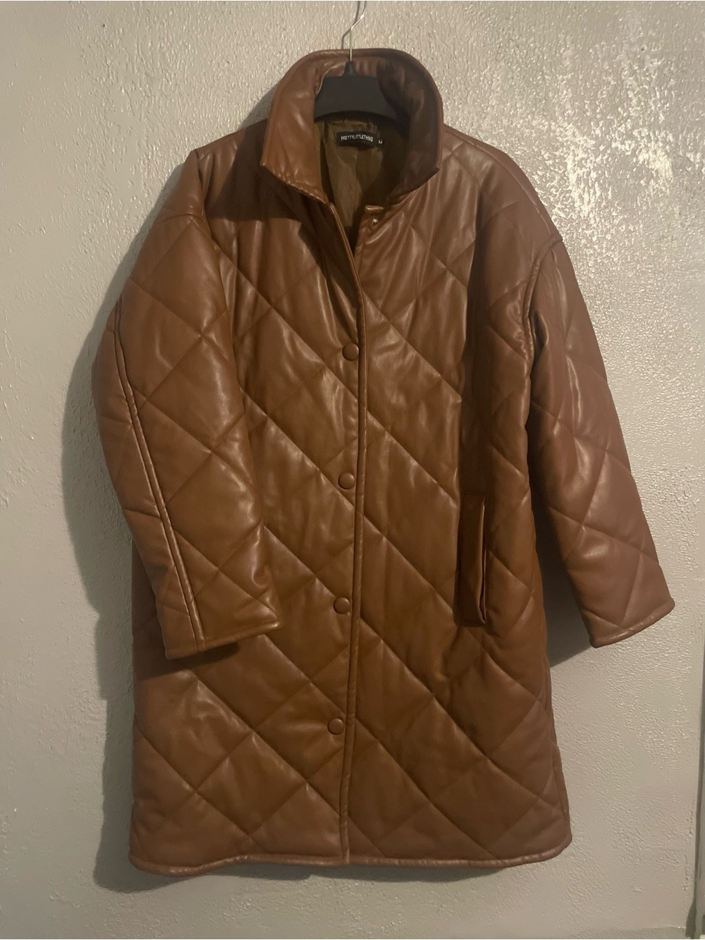 Quilted vegan Leather Coat - Brown